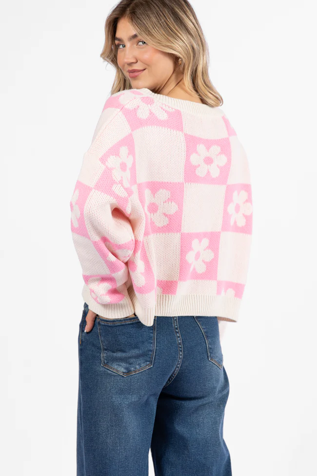 Found A New Way Pink V-Neck Checkered Flower Sweater FINAL SALE - Terpint
