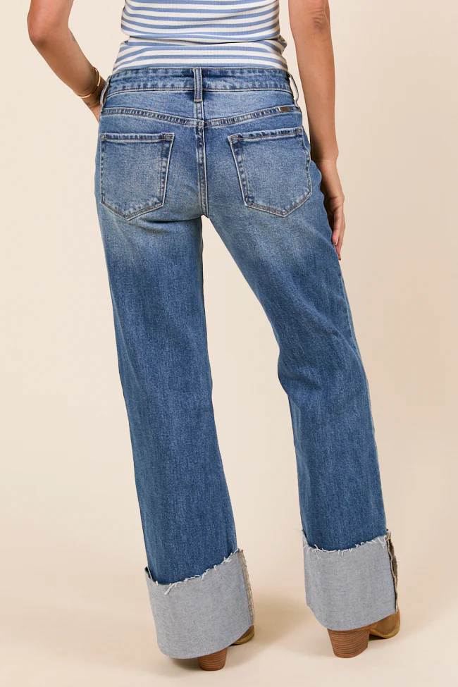 Jolie Dark Wash Mid Rise Wide Flare Cuffed Jeans - Terpint