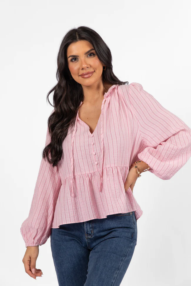 Oh My Darling Pink Stripe Notched Neckline Button Detail Peplum Blouse FINAL SALE - Terpint