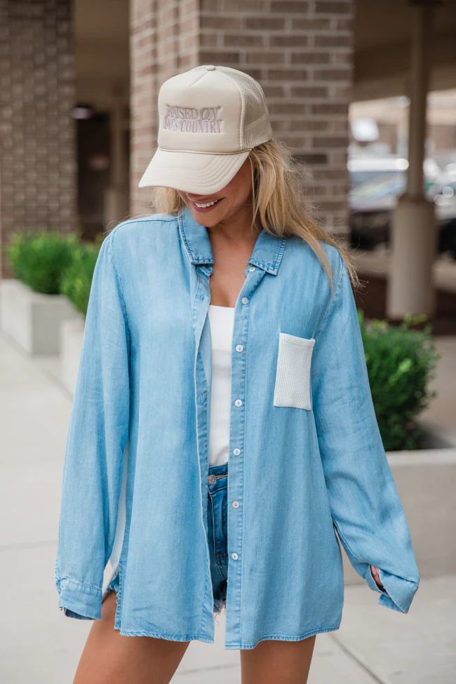 Talk It Over Waffle Detail Chambray Button Front Blouse FINAL SALE - Terpint