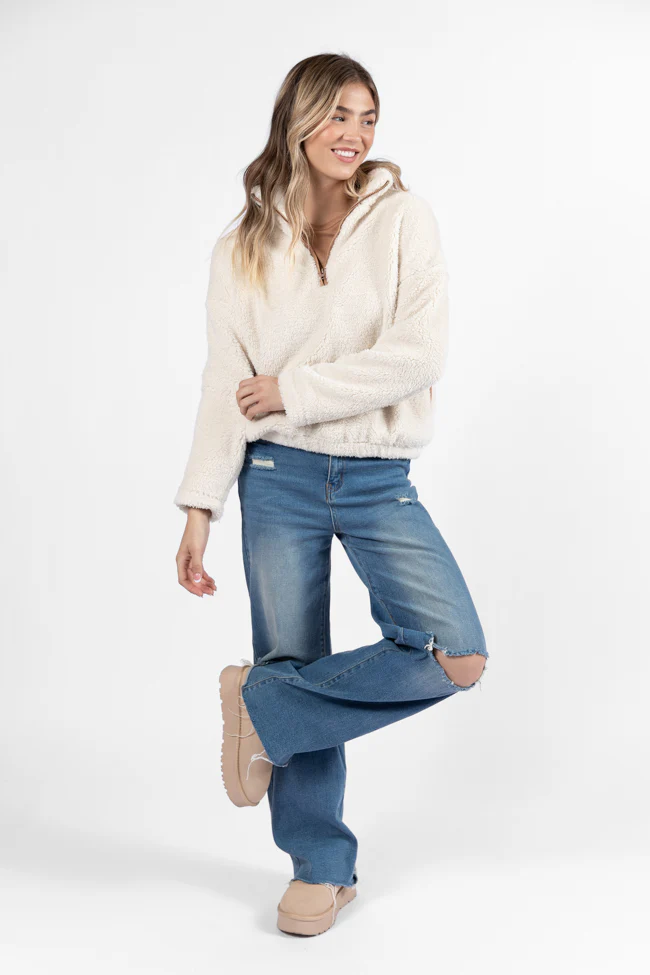 Stay Here Beige Contrast Trim Sherpa Pullover FINAL SALE - Terpint