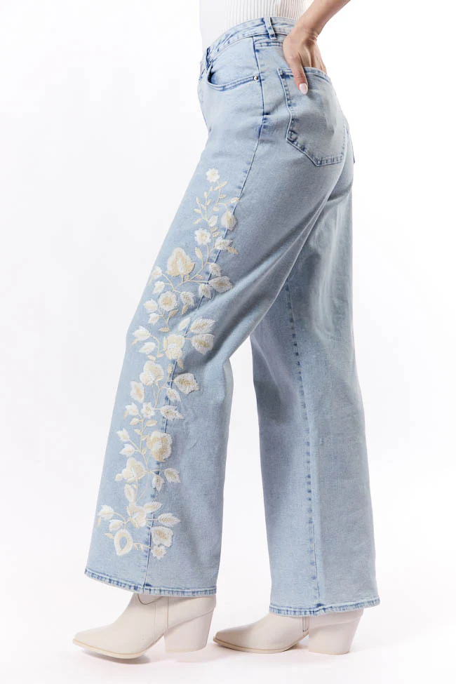 Daisy Light Wash Floral Embroidered Wide Leg Jeans FINAL SALE - Terpint