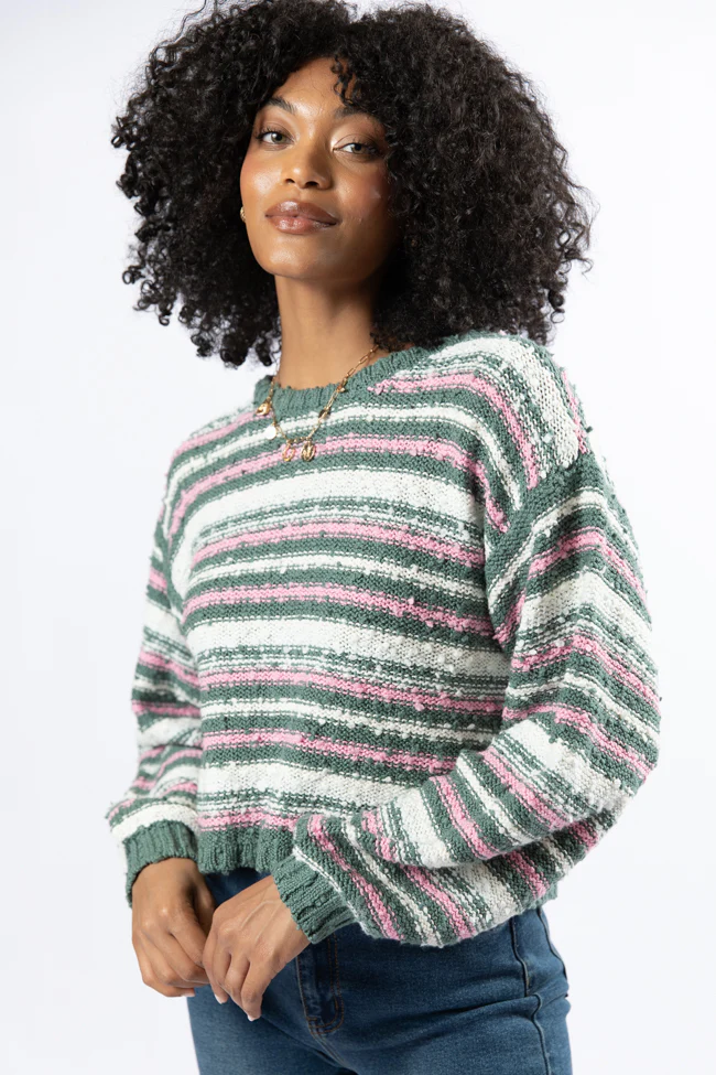 While I'm Away Green Multi Striped Popcorn Sweater FINAL SALE - Terpint