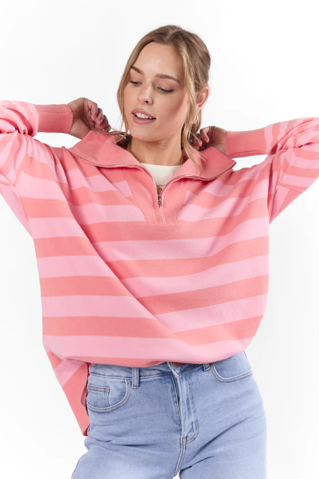 Pulling Heartstrings Coral Multi Stripe Quarter Zip Pullover FINAL SALE - Terpint