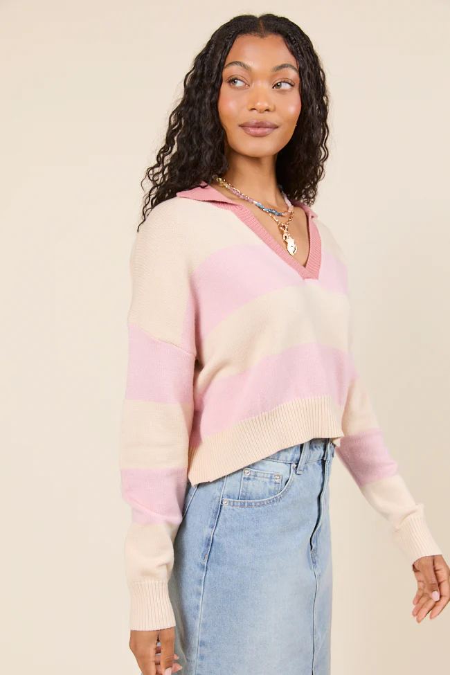 Hibiscus Pink and Cream Striped Collared V-Neck Sweater - Terpint