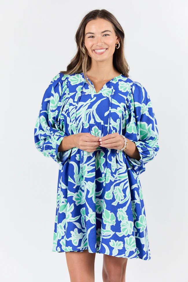 Keep The Flowers Blue and Green Floral Print Long Sleeve Mini Dress FINAL SALE - Terpint