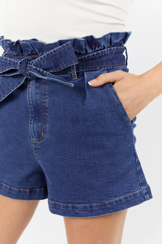 What's New Dark Wash Paperbag Waist Belted Denim Shorts FINAL SALE - Terpint