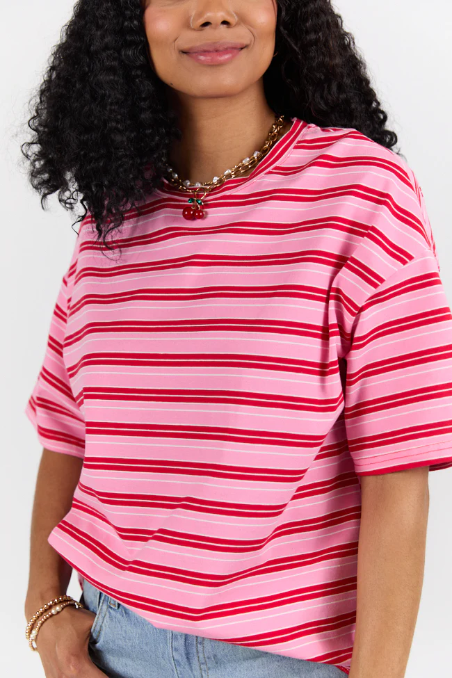 Between The Lines Pink and Red Oversized Striped Tee DOORBUSTER - Terpint