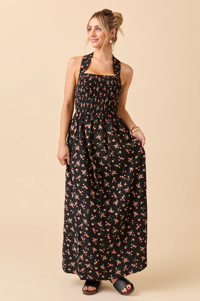 Jalissa Black Floral Criss Cross Back Maxi Dress - Terpint