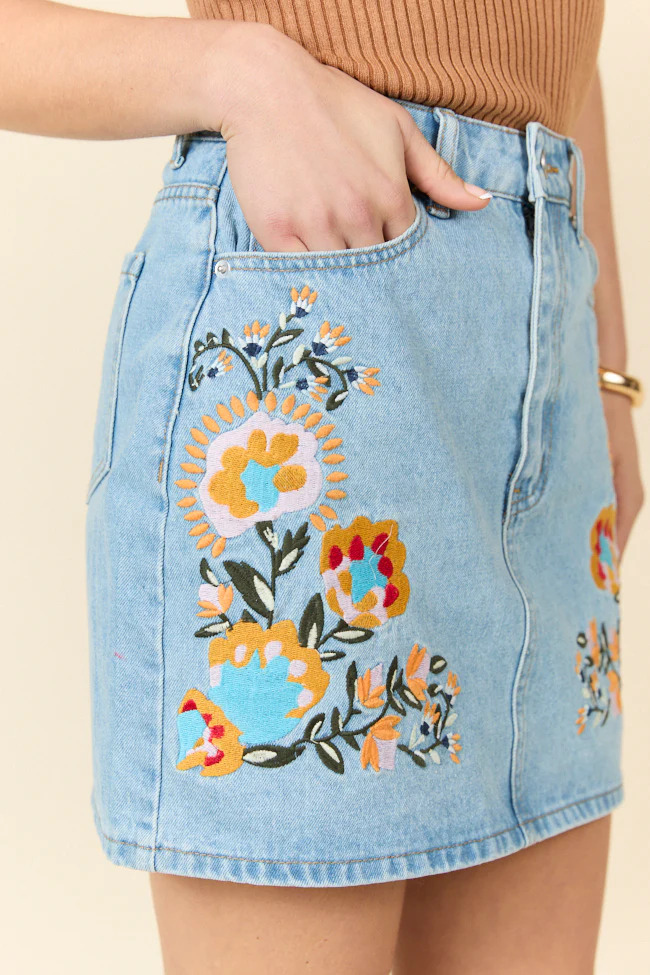 Garden Of Grace Floral Embroidered Denim Skirt FINAL SALE - Terpint