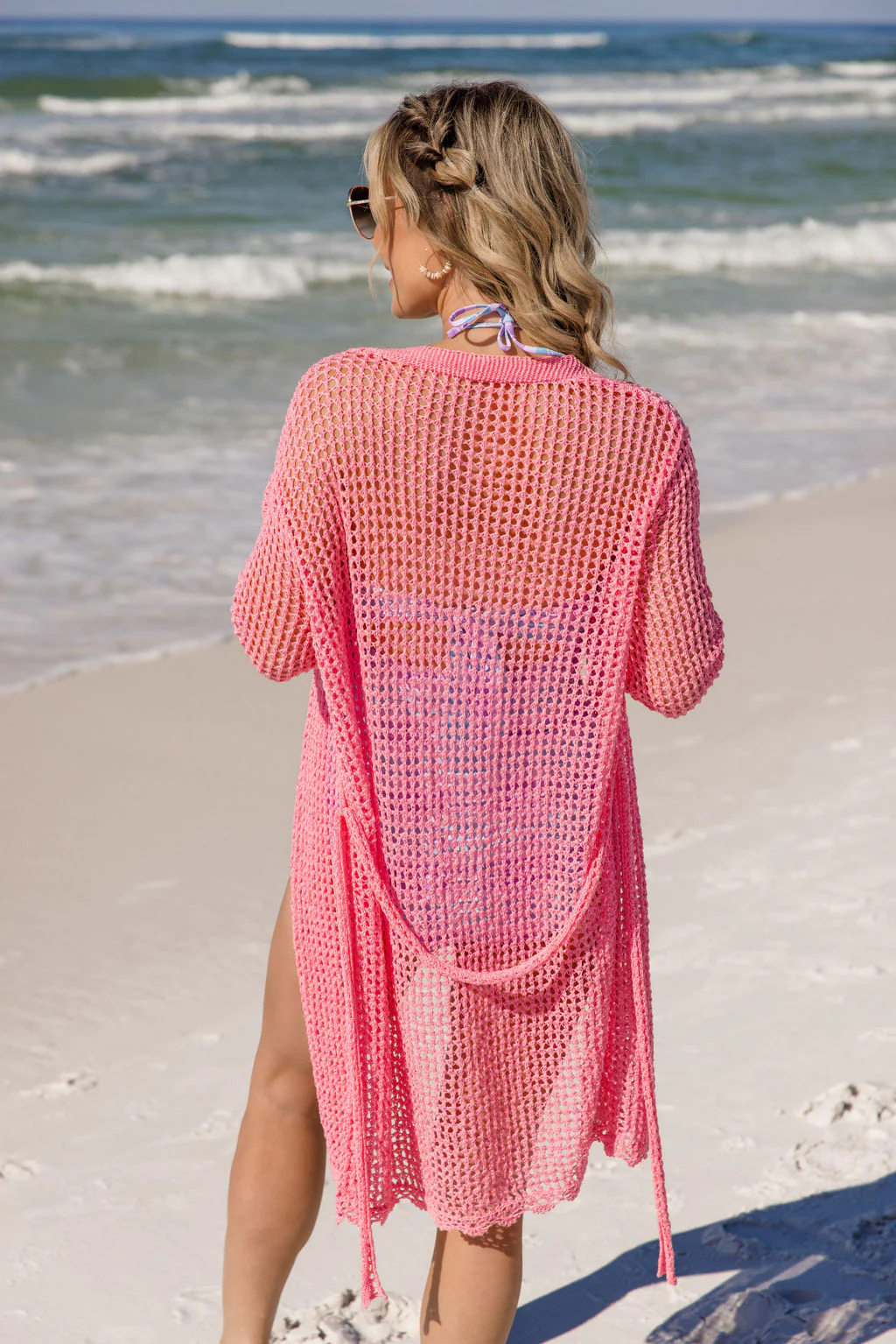 Nautical Charm Pink Open Knit Belted Cover Up FINAL SALE - Terpint