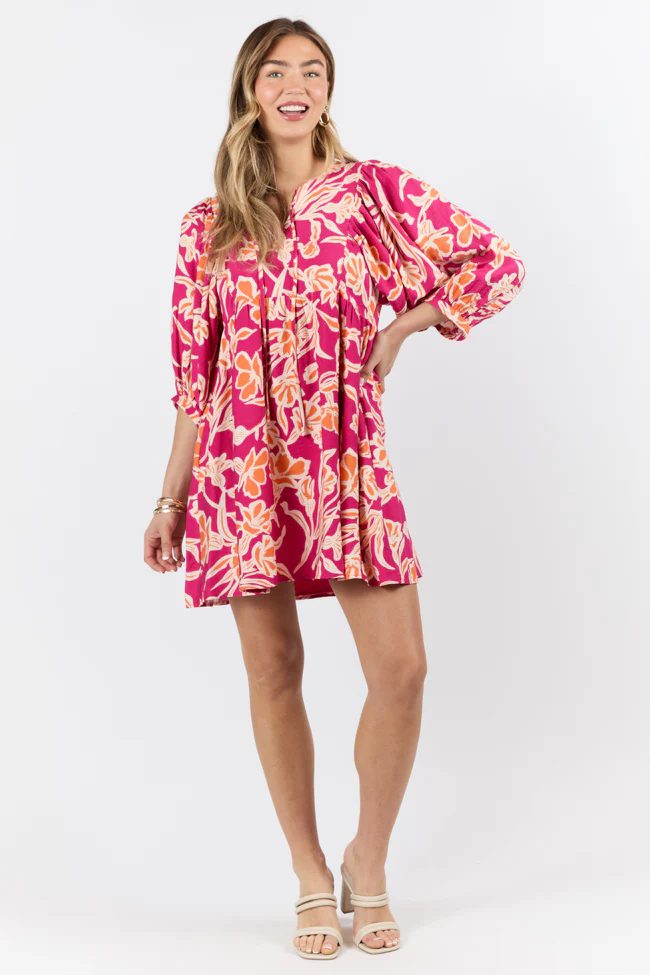Keep The Flowers Fuchsia Floral Print Long Sleeve Mini Dress FINAL SALE - Terpint