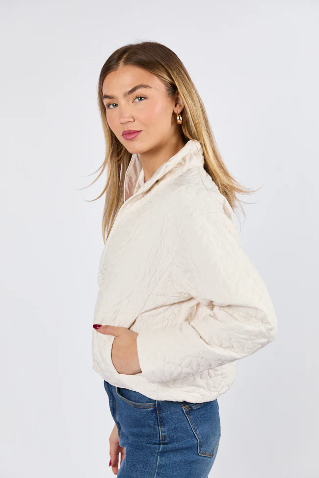 Full Bloom Cream Flower Quilted Zip Up Jacket FINAL SALE - Terpint