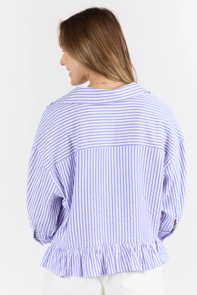 In Depth Blue Ruffle Hem Textured Stripe Button Down Top SALE - Terpint