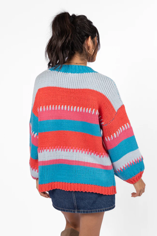 Something Extra Blue Multi Stripe Chunky Knit Stitch Detail Sweater FINAL SALE - Terpint