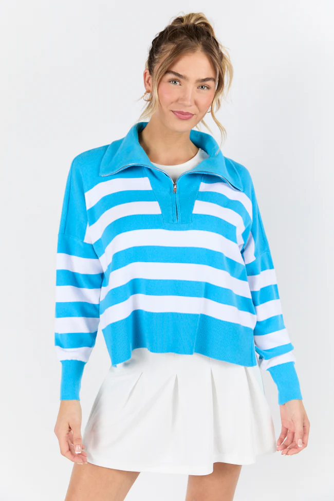 Pulling Heartstrings Hip Length Aqua Stripe Quarter Zip Pullover DOORBUSTER - Terpint