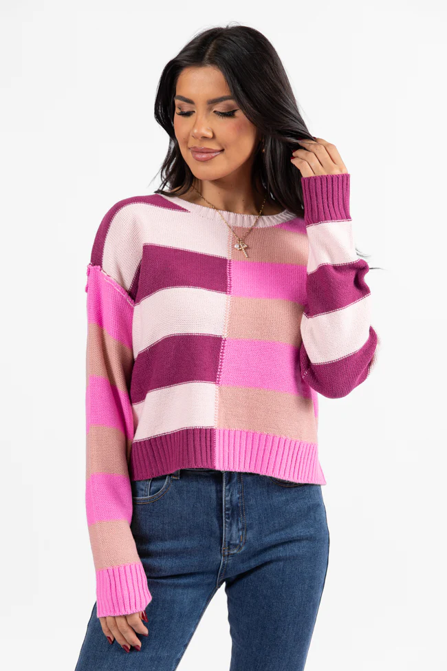 Take Your Time Pink and Berry Multi Color Block Striped Crop Sweater FINAL SALE - Terpint