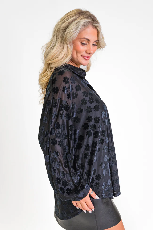 Face The Day Black Velvet Floral Button Down Blouse FINAL SALE - Terpint