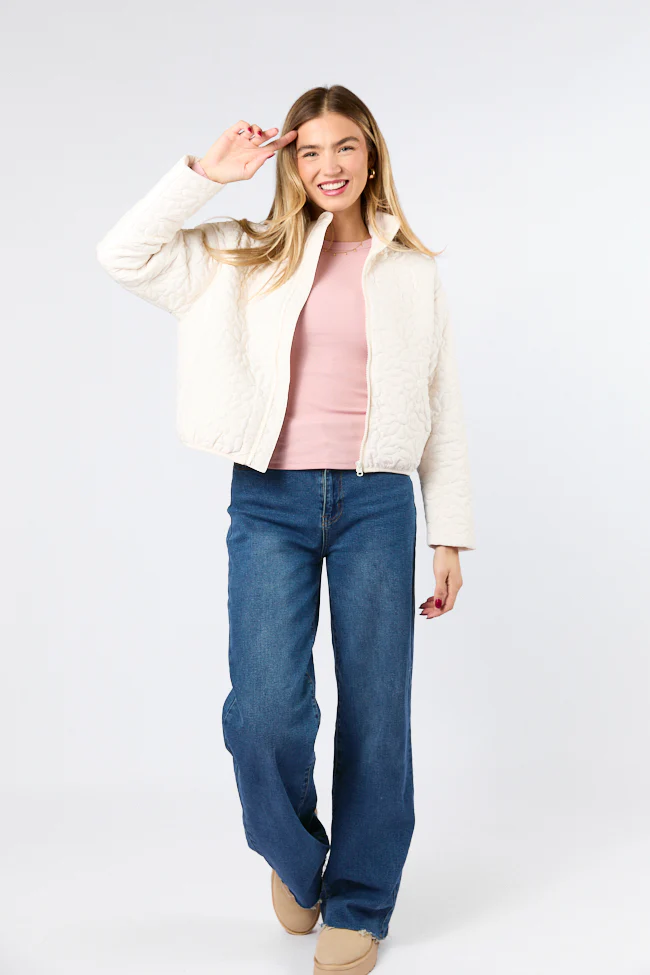 Full Bloom Cream Flower Quilted Zip Up Jacket FINAL SALE - Terpint