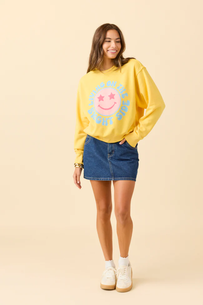 Living On The Bright Side Yellow Raw Hem Fleece Graphic Sweatshirt - Terpint