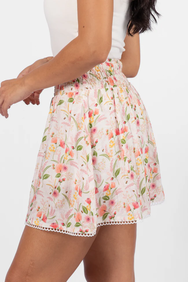 Through The Garden Ivory Multi Floral Eyelet Trim Mini Skort SALE - Terpint