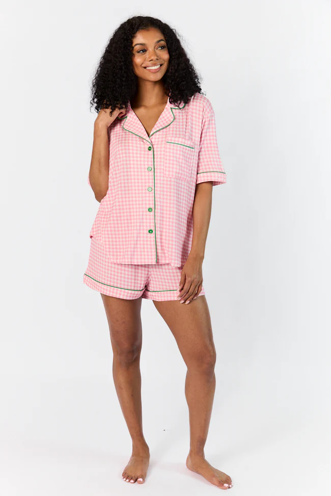 Good To Get Away Pink Gingham Short Sleeve Pajama Top DOORBUSTER - Terpint