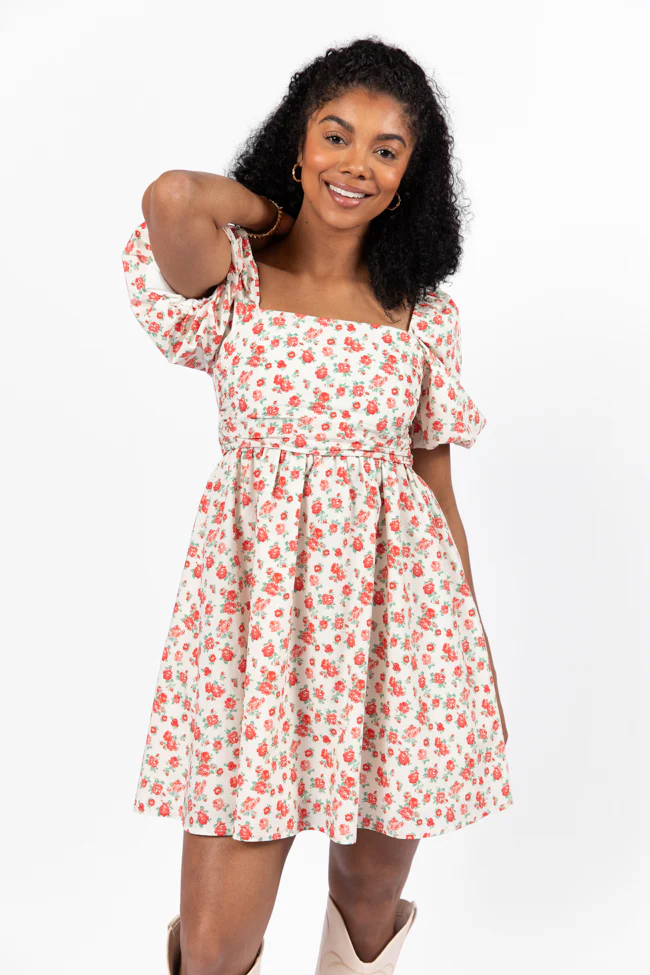 I'm Just A Girl Ivory and Red Rosette Printed Mini Dress FINAL SALE - Terpint