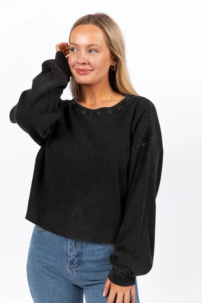 Fun and Games Black Acid Washed Waffle Long Sleeve Tee FINAL SALE - Terpint