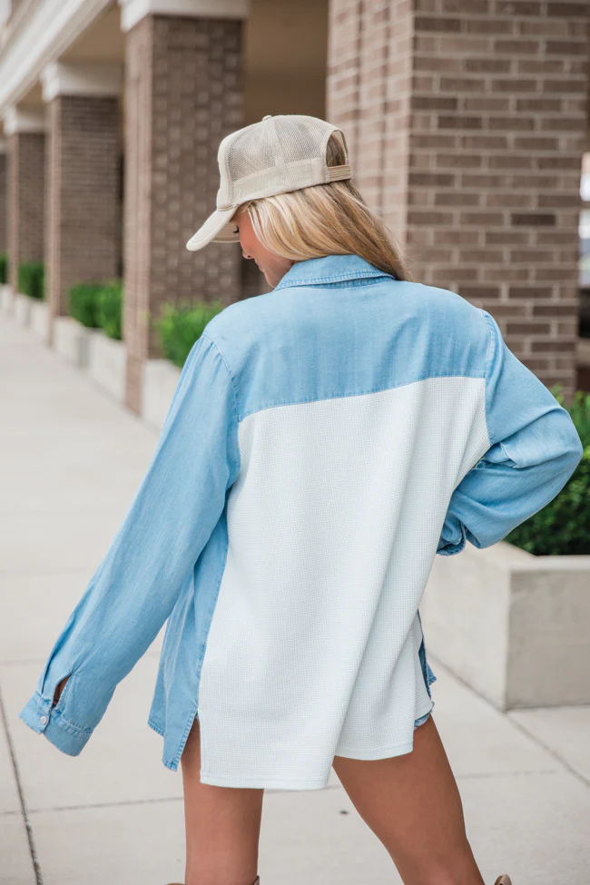 Talk It Over Waffle Detail Chambray Button Front Blouse FINAL SALE - Terpint