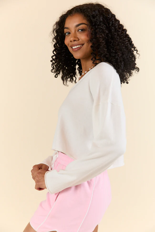 No Bad Days White Drop Shoulder V-Neck Pullover - Terpint
