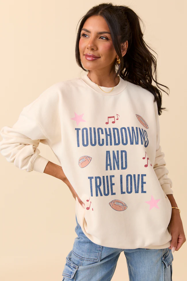 Touch Downs And True Love Cream Graphic Sweatshirt - Terpint