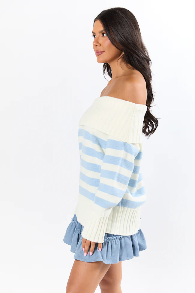 Undertow Feelings Ivory and Blue Striped Off The Shoulder Sweater FINAL SALE - Terpint