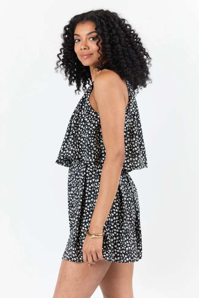 Spotlight Moment Black and White Daisy Print Halter Neck Romper DOORBUSTER - Terpint