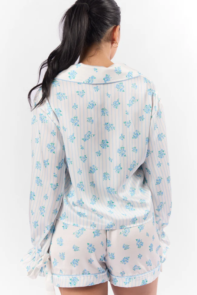 Sleep On My Side Blue Floral Satin Long Sleeve Pajama Top FINAL SALE - Terpint