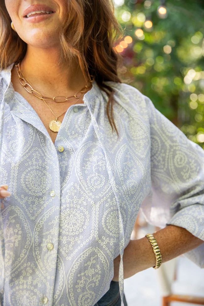 Downtown Delight Blue Embroidered Woven Button Down Blouse DOORBUSTER - Terpint