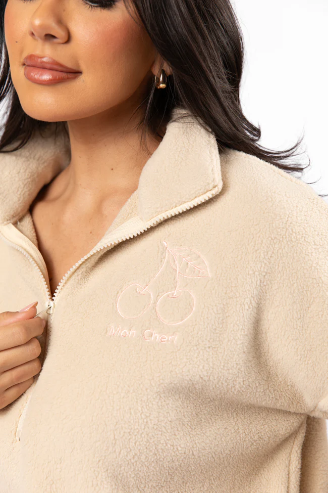 After Hours Mon Cheri Beige Embroidered Fleece Pullover FINAL SALE - Terpint
