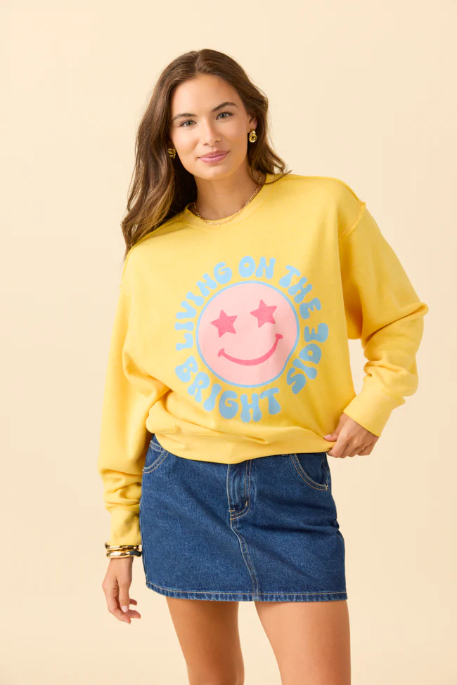 Living On The Bright Side Yellow Raw Hem Fleece Graphic Sweatshirt - Terpint