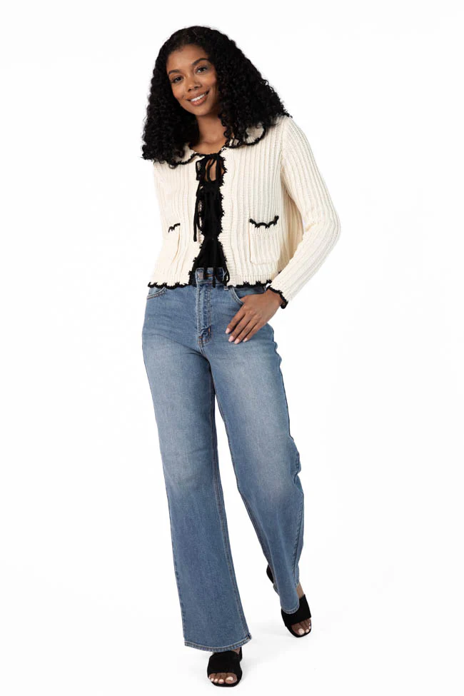 Aim High Cream and Black Tie Front Crochet Cardigan FINAL SALE - Terpint