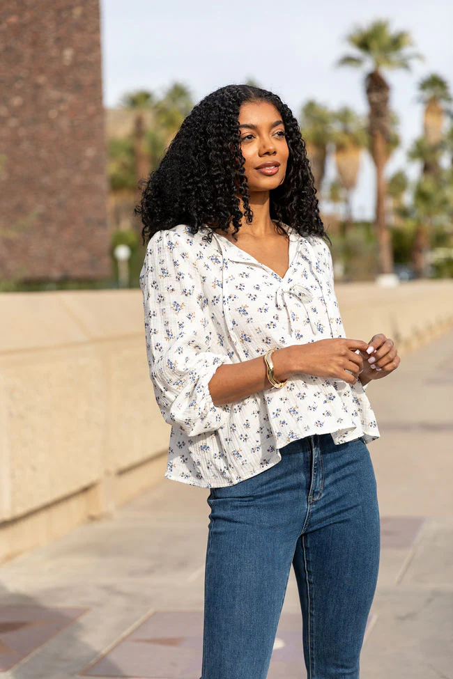 Close To Me Ivory and Blue Bow Detail Floral Blouse FINAL SALE - Terpint