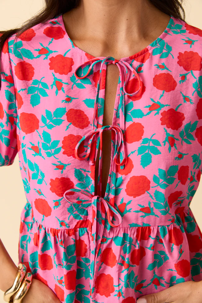 Mila Pink And Red Floral Tie Front Flounce Woven Blouse - Terpint