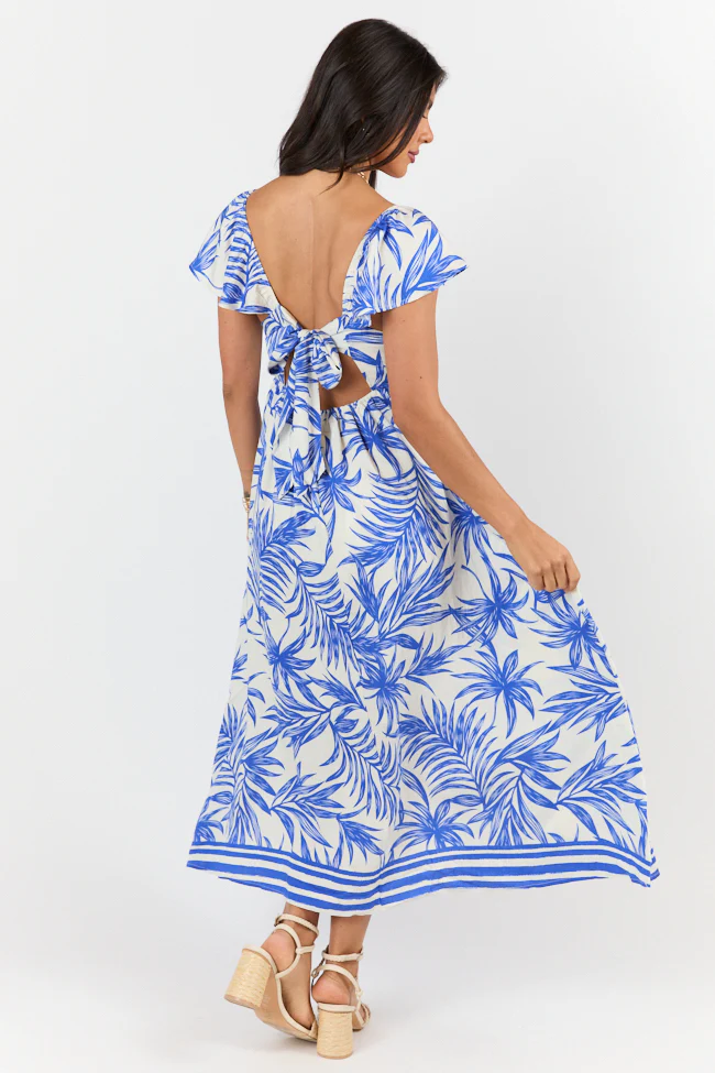 Palm Oasis Blue and White Leaf Printed Midi Dress - Terpint