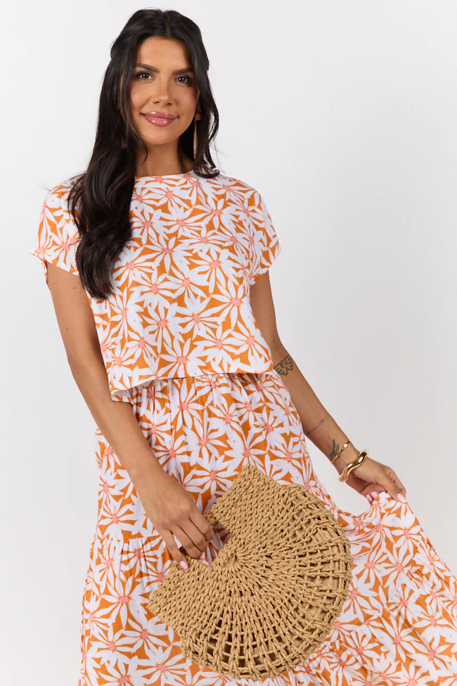 Dinner Downtown Orange Multi Floral Print Two Piece Skirt Set - Terpint