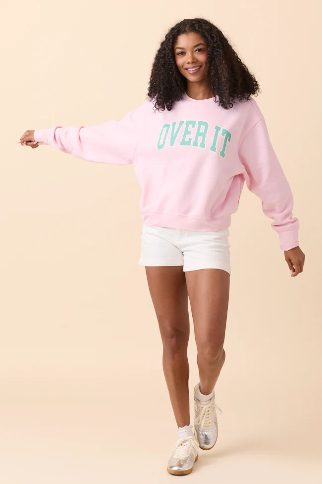 Over It Soft Pink Raw Hem Fleece Graphic Sweatshirt - Terpint