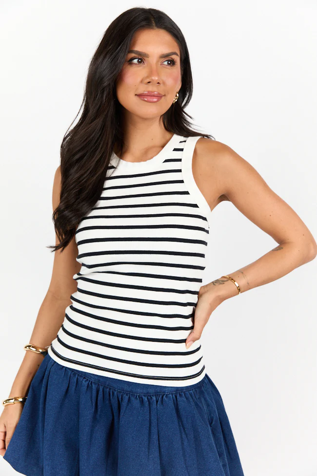 Simple Ivory and Black Ribbed Knit Stripe Tank DOORBUSTER - Terpint