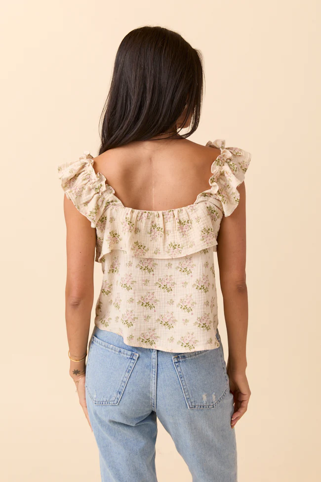 Mary Pink And Green Floral Printed Gauze Woven Tank - Terpint