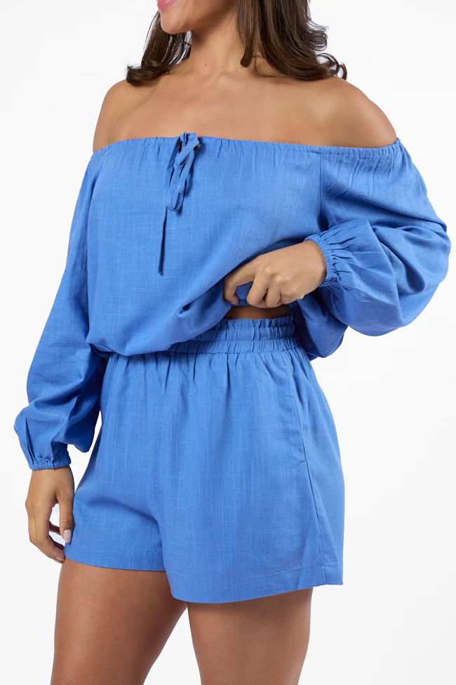 Deep Dive Blue Off The Shoulder Shorts Set FINAL SALE - Terpint