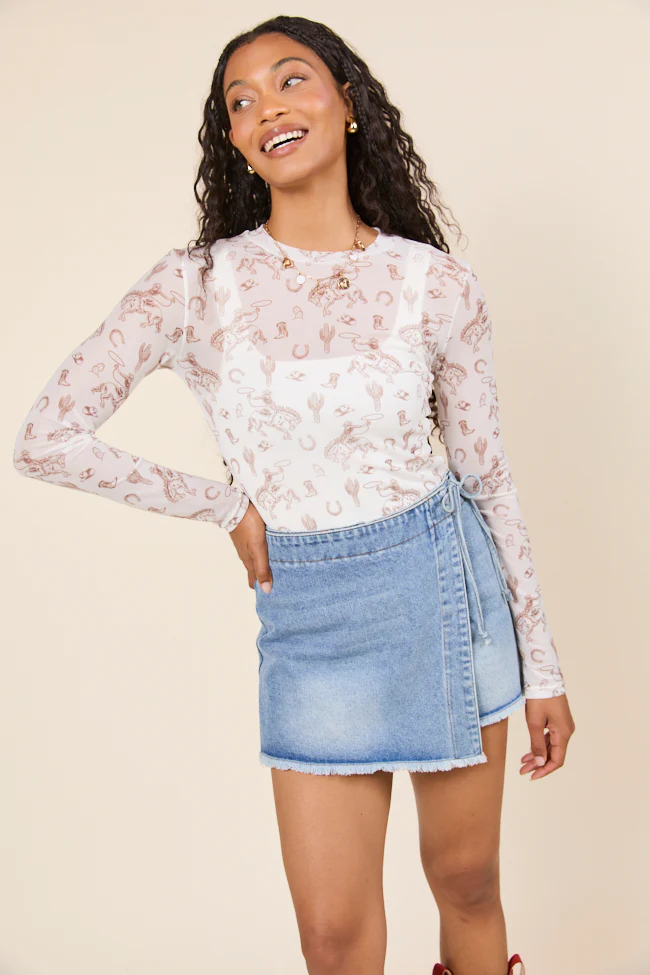 Darlene Long Sleeve White Rodeo Mesh Crewneck Top - Terpint