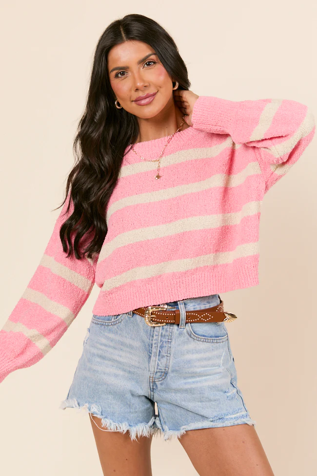 Rosey Long Sleeve Pink Striped Crewneck Sweater - Terpint