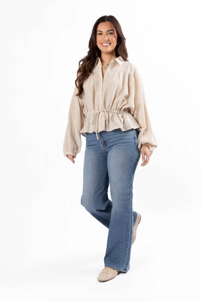 My Hands Are Tied Taupe Striped Drawstring Button Down Blouse FINAL SALE - Terpint