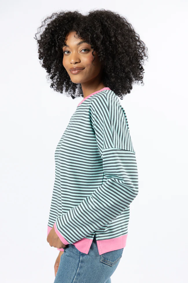 Think On It Pink, Navy, and Charcoal Striped Contrast Trim Pullover FINAL SALE - Terpint